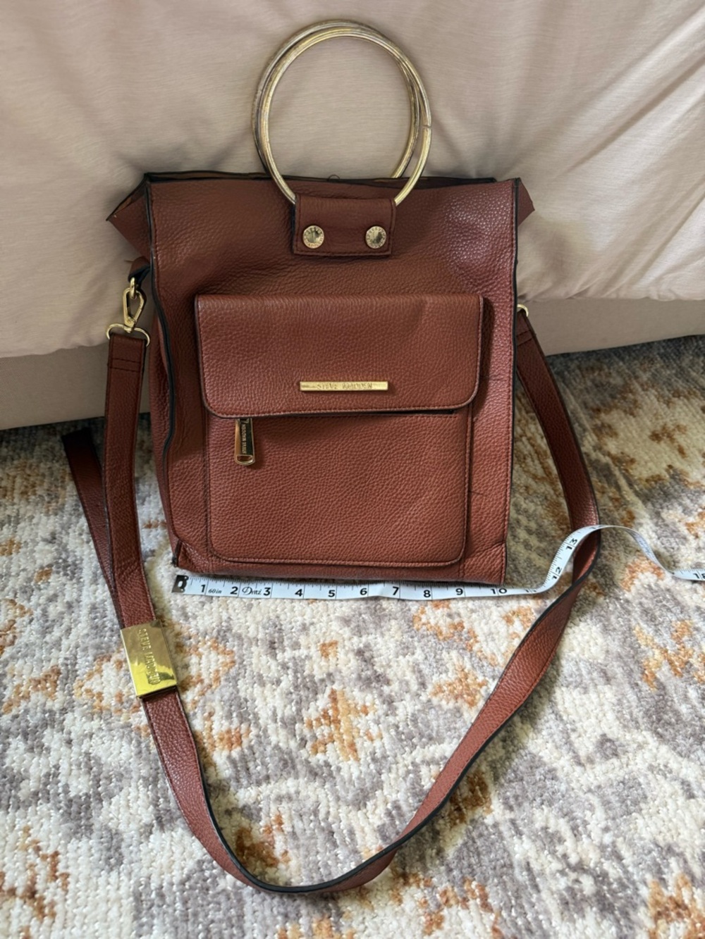 Steve Madden Cognac Pebbled Leather Crossbody Tote with Gold Rings